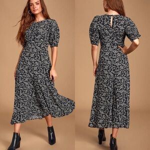 NWT Free People Jessie Puff Sleeve Floral Handkerchief Hem Midi Dress Black